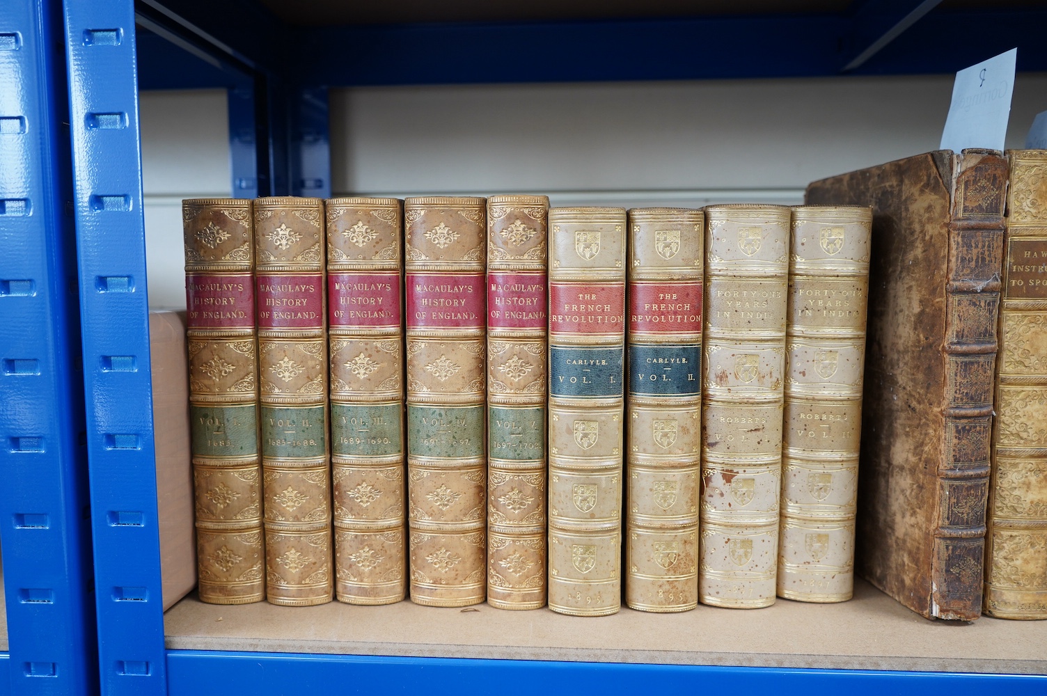 Bindings - Macaulay, Thomas Babington, Lord - The History of England, 5 vols, 8vo, diced calf, 1870; Carlyle, Thomas - The French Revolution, 2 vols, 8vo, calf gilt, 1895 and Robert, Lord - Forty-One Years in India, 2 vo